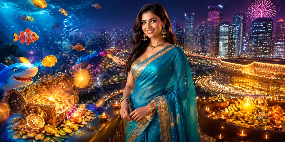 Woman in saree playing fishing game on mobile